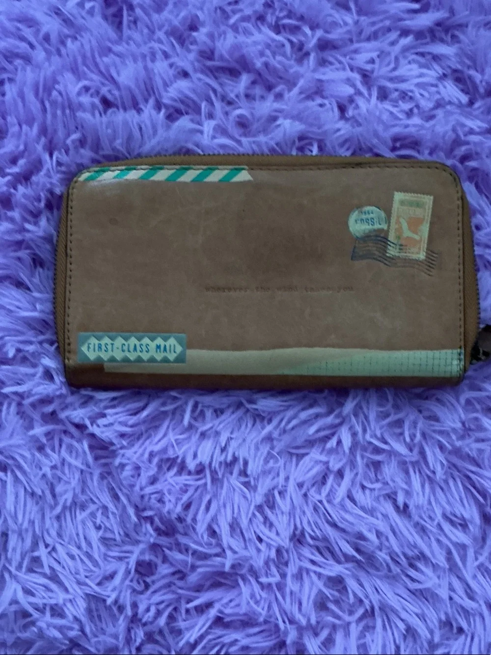 Fossil Brown Zip-Around Travel Wallet with Postal Graphic